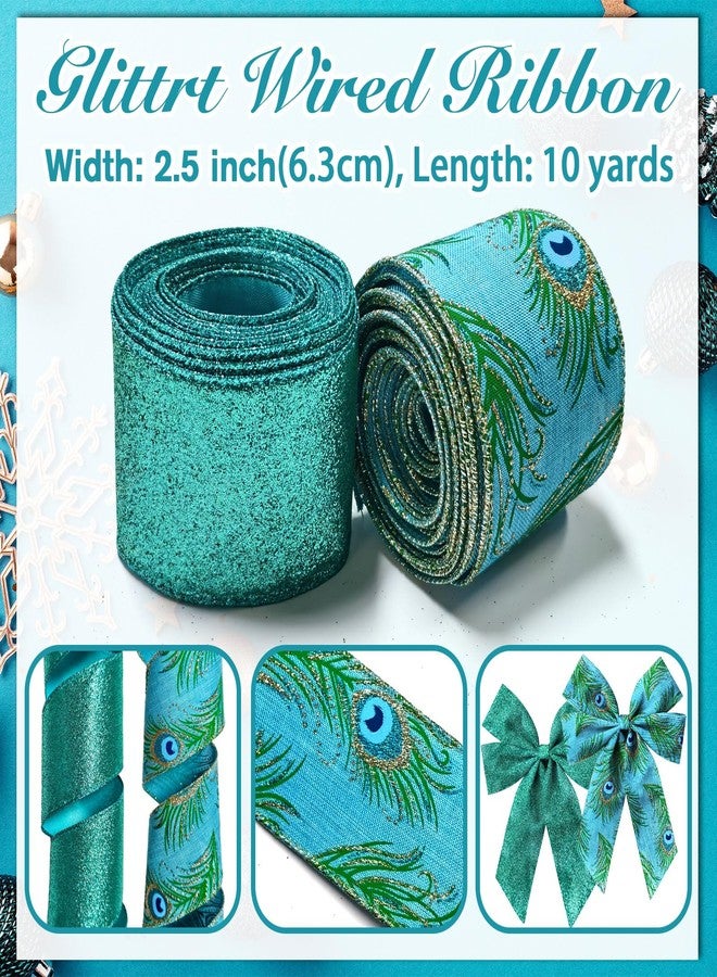 HIENAJ 2 Rolls Christmas Ribbon for Wreath Bows Wrapping Gifts, Glitter Blue Green Peacock Ribbon for Gift Wrapping Party Supplies Decoration DIY Crafts 2.5" X 10 Yard, Wired Winter Wreaths Ribbon - Image 2